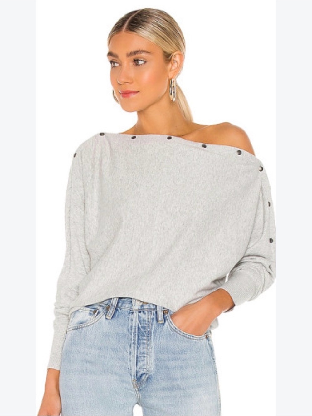 AllSaints Elle Cotton Dolman Sleeve Snap Neck Jumper Top Small Gray